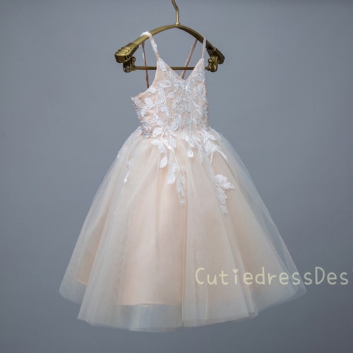 Ivory Lace and Champagne Tulle Wedding Flower Girl Dress