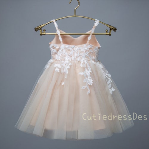 Ivory Lace and Champagne Tulle Wedding Flower Girl Dress