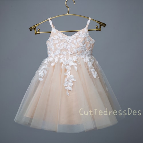 Ivory Lace and Champagne Tulle Wedding Flower Girl Dress