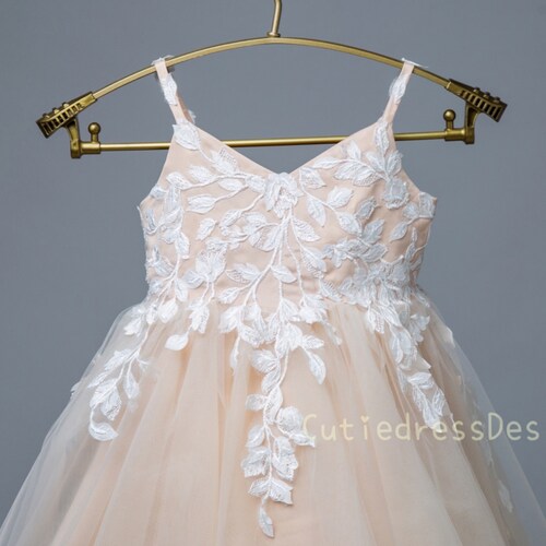 Ivory Lace and Champagne Tulle Wedding Flower Girl Dress