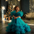 Custom Turquoise Flower Girl Dress with Tulle Train & Off-the-Shoulder Design