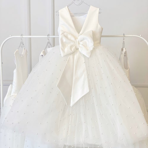 Ivory Pearl Flower Girl Dress with V-Back and Tulle Skirt