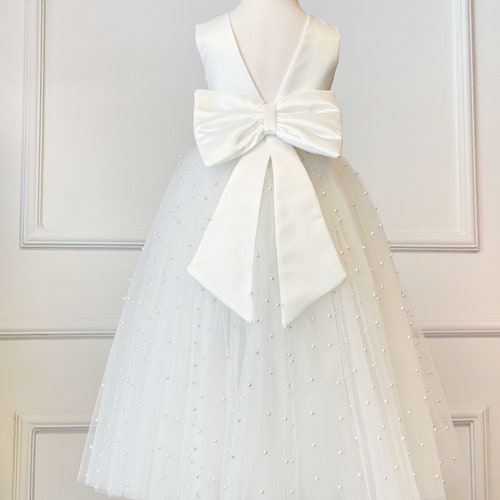 Ivory Pearl Flower Girl Dress with V-Back and Tulle Skirt