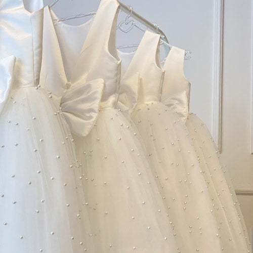 Ivory Pearl Flower Girl Dress with V-Back and Tulle Skirt
