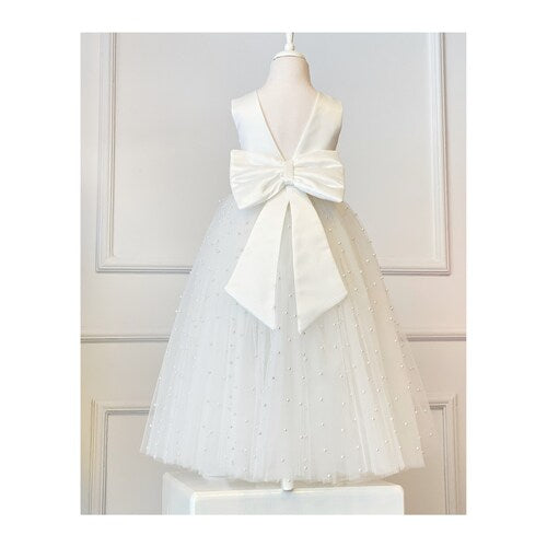 Ivory Pearl Flower Girl Dress with V-Back and Tulle Skirt