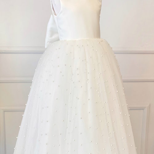 Ivory Pearl Flower Girl Dress with V-Back and Tulle Skirt