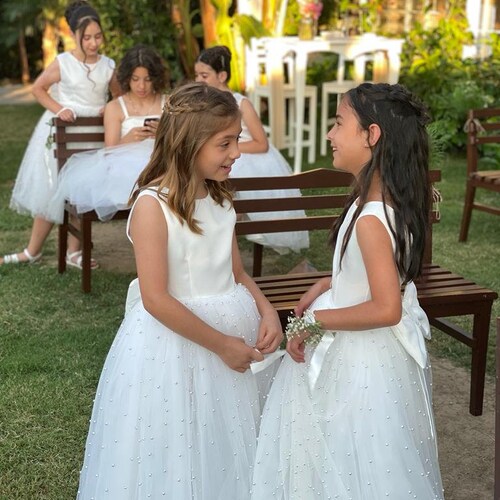 Ivory Pearl Flower Girl Dress with V-Back and Tulle Skirt