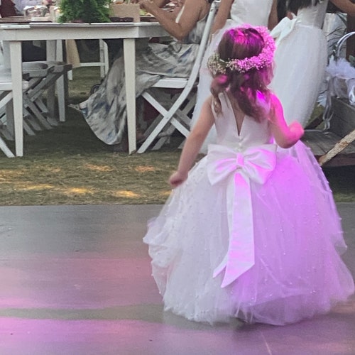 Ivory Pearl Flower Girl Dress with V-Back and Tulle Skirt