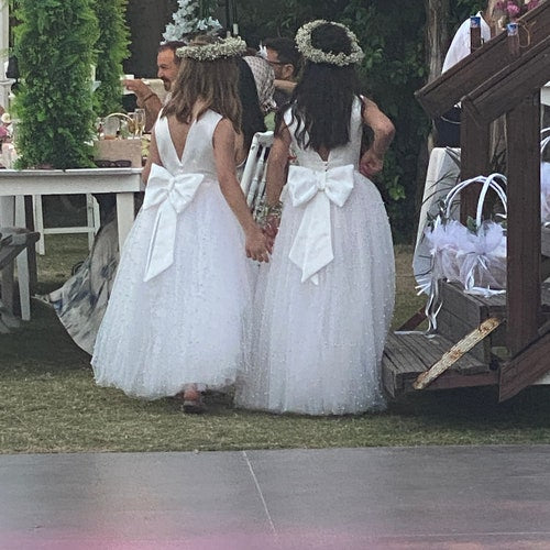 Ivory Pearl Flower Girl Dress with V-Back and Tulle Skirt