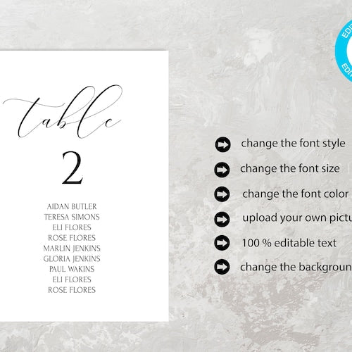 Minimalist Wedding Seating Chart Cards – Editable Template