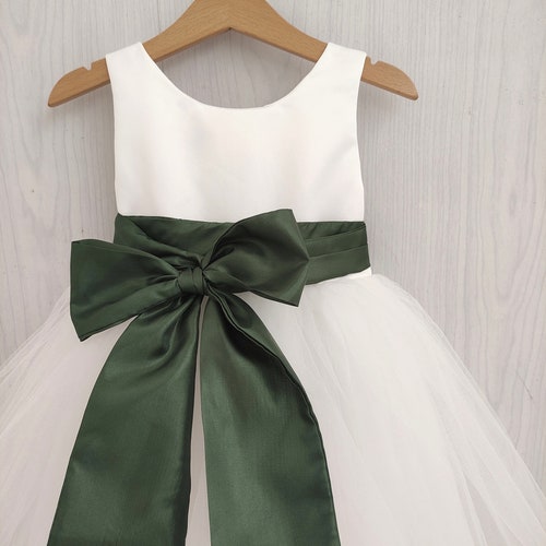 Olive Green Flower Girl Dress with White Tulle & Bow Sash
