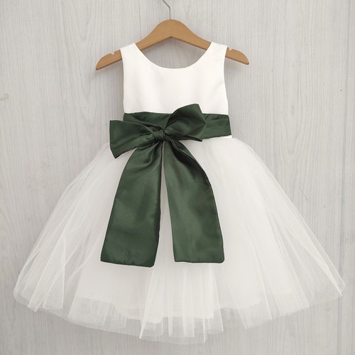 Olive Green Flower Girl Dress with White Tulle & Bow Sash