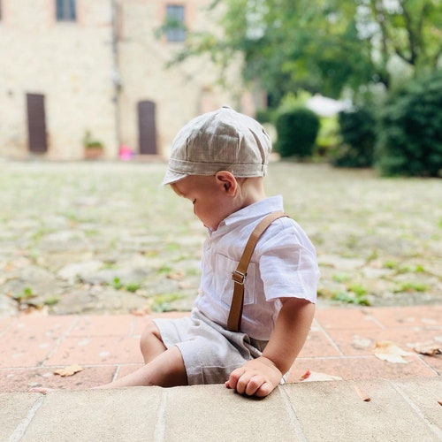 Boys White & Beige Linen Set with Suspenders, Bow Tie, and Optional Accessories