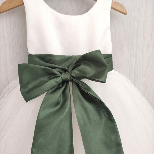 Olive Green Flower Girl Dress with White Tulle & Bow Sash