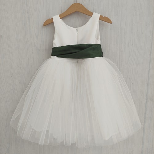 Olive Green Flower Girl Dress with White Tulle & Bow Sash