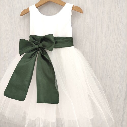 Olive Green Flower Girl Dress with White Tulle & Bow Sash