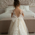 Ivory Flower Girl Dress with Detachable Train & Lace Embroidery - Tutu Ball Gown for Girls