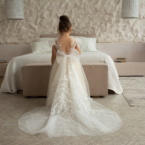 Ivory Flower Girl Dress with Detachable Train & Lace Embroidery - Tutu Ball Gown for Girls