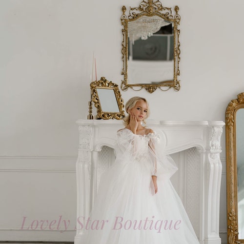 Lace and Tulle Flower Girl Dress with Long Sleeves and Bow