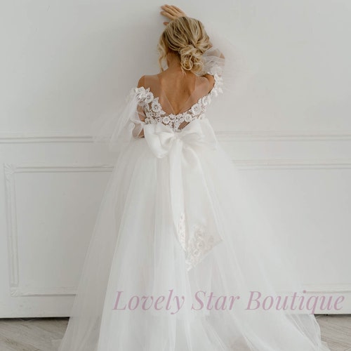Lace and Tulle Flower Girl Dress with Long Sleeves and Bow