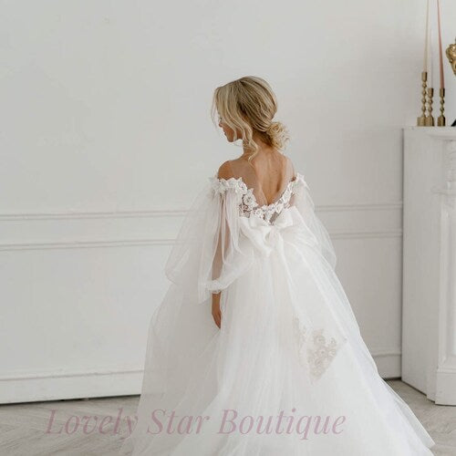 Lace and Tulle Flower Girl Dress with Long Sleeves and Bow