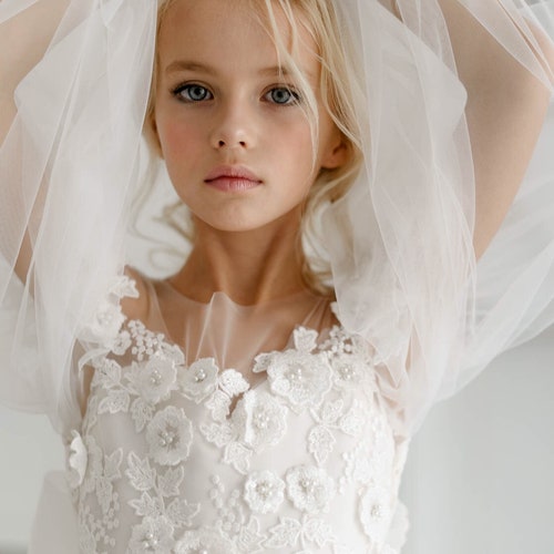 Lace and Tulle Flower Girl Dress with Long Sleeves and Bow