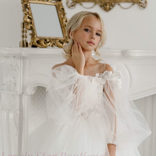 Lace and Tulle Flower Girl Dress with Long Sleeves and Bow