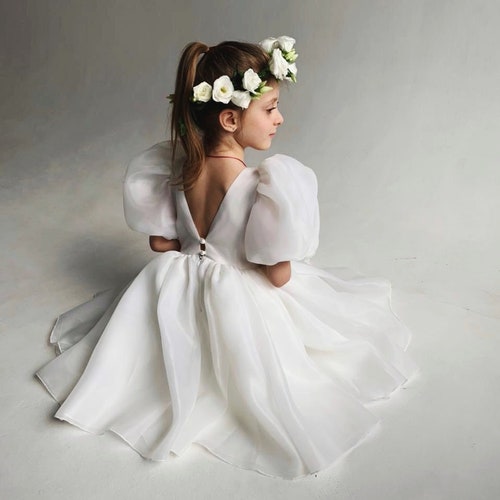 Bohemian Ivory Flower Girl Dress with Puffy Sleeves, First Communion & Baptism Dress