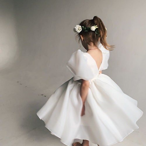 Bohemian Ivory Flower Girl Dress with Puffy Sleeves, First Communion & Baptism Dress