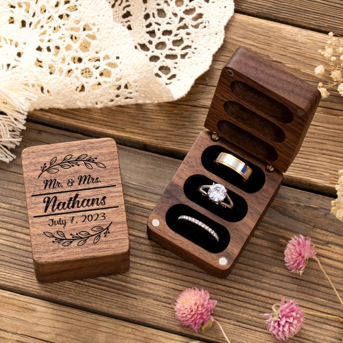Triple Flip Wooden Ring Box – Custom Wedding Engagement Ring Box, 3 Slots