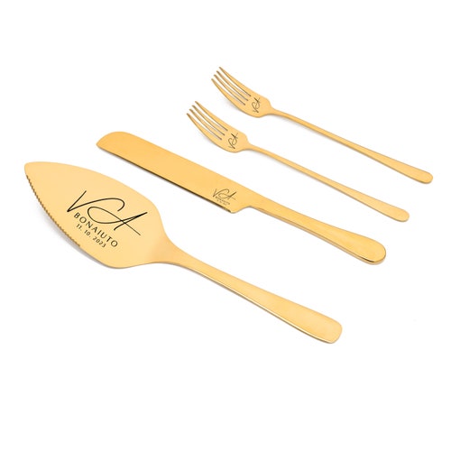 Personalized Wedding Champagne Cake Cutting Set – Engraved Knife, Fork & Cake Server for Bridal Shower or Wedding Gift