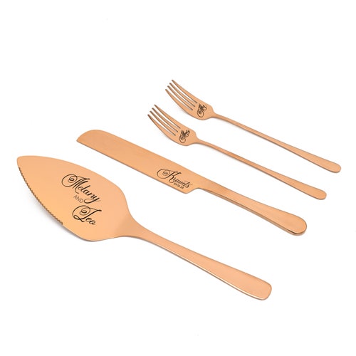Personalized Wedding Champagne Cake Cutting Set – Engraved Knife, Fork & Cake Server for Bridal Shower or Wedding Gift