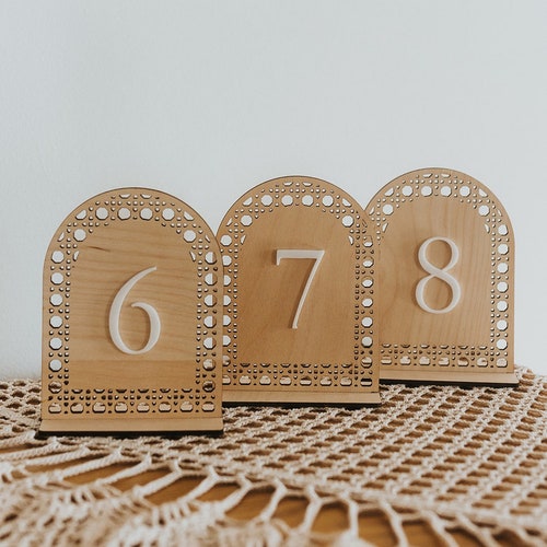 Boho Wedding Table Numbers – Arch Wood Table Numbers with Rattan Detail & White Acrylic Number
