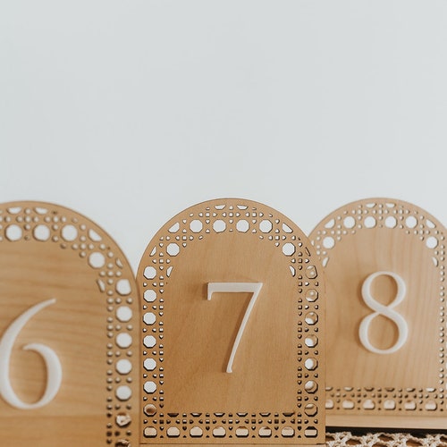 Boho Wedding Table Numbers – Arch Wood Table Numbers with Rattan Detail & White Acrylic Number