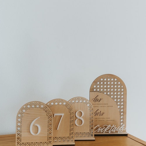 Boho Wedding Table Numbers – Arch Wood Table Numbers with Rattan Detail & White Acrylic Number