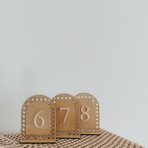 Boho Wedding Table Numbers – Arch Wood Table Numbers with Rattan Detail & White Acrylic Number