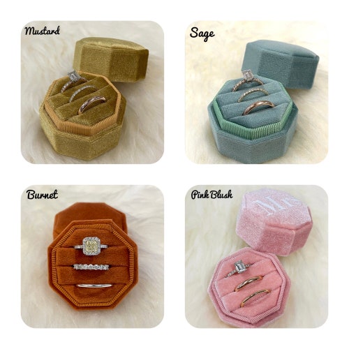 Triple Octagon Velvet Ring Box | Personalized Monogrammed 3-Slot Engagement & Wedding Ring Holder