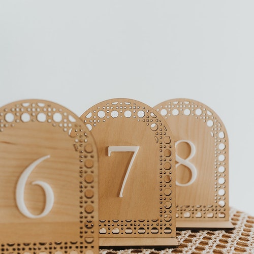 Boho Wedding Table Numbers – Arch Wood Table Numbers with Rattan Detail & White Acrylic Number