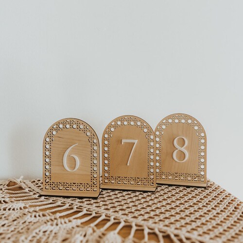 Boho Wedding Table Numbers – Arch Wood Table Numbers with Rattan Detail & White Acrylic Number