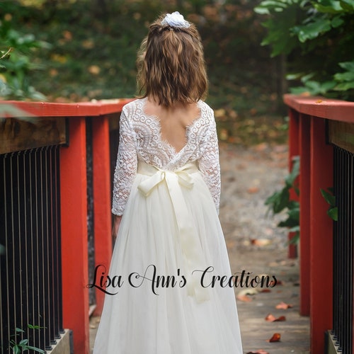 Ivory Flower Girl Dress with Lace Bodice & Tulle Skirt – Customizable Sash and Headband Options