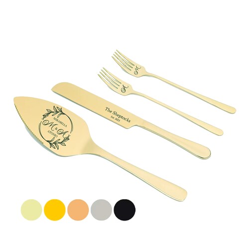 Engraved Champagne Wedding Cake Cutting Set with Knife, Server, and Forks