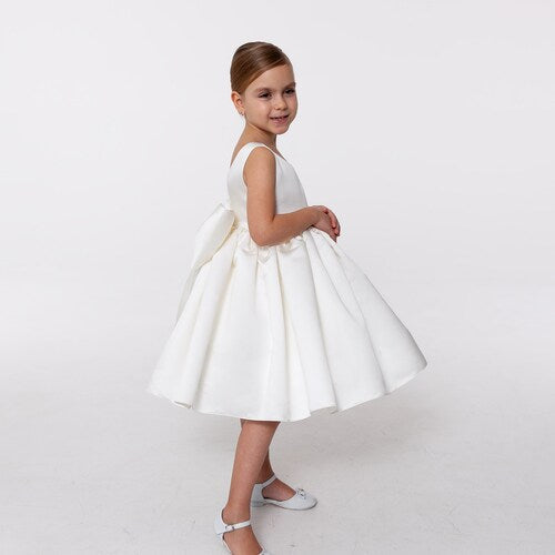 White Satin Flower Girl Dress with Big Bow