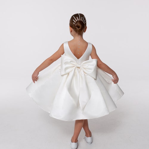 White Satin Flower Girl Dress with Big Bow