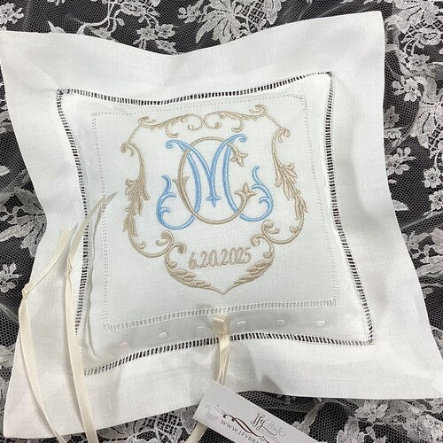 Monogrammed Linen Ring Bearer Pillow – Personalized Wedding Ring Cushion