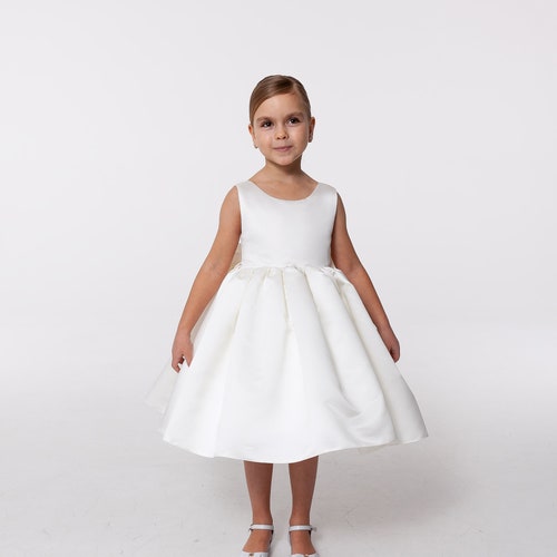 White Satin Flower Girl Dress with Big Bow