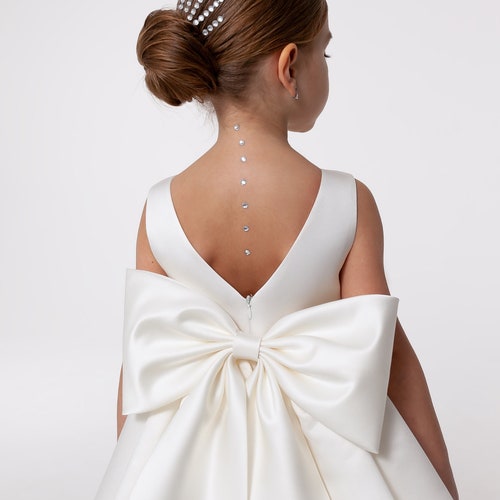 White Satin Flower Girl Dress with Big Bow