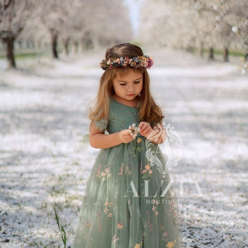 Sage Green Embroidered Flower Girl Dress