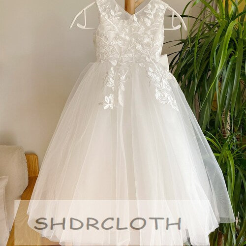 Off-White Lace Flower Girl Dress with Illusion and Lace Appliqué