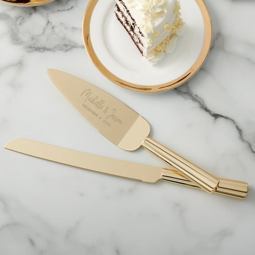 Modern Engraved Gold Cake Knife, Server, and Champagne Flute Set