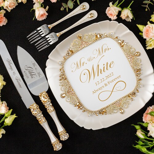 Ivory Wedding Flutes & Cake Server Set with Plate and Unity Candles